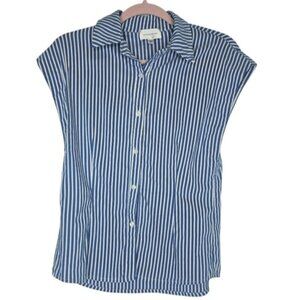 Lavender Brown striped top featuring a collar, short sleeves, button closure